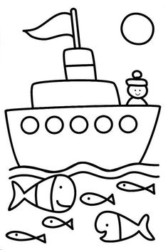 a drawing of a boat in the water with fish around it and a flag on top