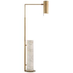 a floor lamp with a marble base and a gold metal arm, on a white background