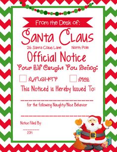 a santa clause certificate with red and green chevrons