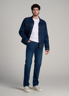 About Our Americana Collection J1 Straight Fit Jeans For Tall Men Introducing the Americana Collection: a selection of jeans for tall men crafted with premium materials and elevated details. Our J1 Straight Fit Jeans are designed to be a versatile and long-lasting addition to your closet. Built with Regenerative cotton* sourced from Italy and crafted in the USA, these tall straight leg jeans feature classic five-pocket styling and a mid-rise waist. A touch of stretch adds essential comfort and e Big And Tall Dark Wash Straight Leg Jeans, Classic Big And Tall Denim Bottoms, Big And Tall Straight Leg Denim Jeans, Big And Tall Blue Denim Jeans, Classic Denim Bottoms For Big And Tall, Classic Big And Tall Dark Wash Jeans, Classic Dark Wash Jeans For Big And Tall, Classic Big And Tall Straight Leg Jeans, Man Crafts