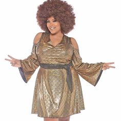 70s Disco Queen Dress, Women's Plus Sizes 1x/2x, Halloween, Roleplay, Cosplay Costume Includes: Metallic Shimmer Wrap Disco Dress Cold Shoulder Sleeves And Attached Belt 100% Polyester Hand Wash Cold, Do Not Bleach, Drip Dry, Do Not Iron -86780 Wig Not Included Retro Halloween Cosplay Dress, Retro Halloween Costume For Costume Party, Disco Queen, Casual T Shirt Dress, Cold Shoulder Sleeves, Disco Dress, 70s Disco, Queen Dress, Flower Print Dress