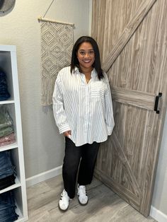 Rock the oversized look with this boyfriend-style white and black striped cotton button up shirt. Made from high-quality cotton, this shirt combines comfort and style effortlessly. Perfect for a casual day out or a fun night in. This is definitely an oversized shirt. I'm wearing a size large, but I could easily (and probably should have) sized down to a medium. I wanted to show what it looks like when wearing my true size. This is 100% cotton, so you'll need to wash it in cold and hang to dry for it to not shrink. Oversized White Shirt With Striped Collar, Trendy Striped Shirt For Day Out, Trendy Relaxed Fit Shirt With Striped Collar, Trendy Relaxed Fit Striped Shirt, Casual Shirt With Striped Collar For Day Out, Boyfriend Style, Curvy Dress, Cap Hair, Sweater Pants