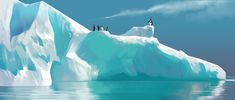 three penguins standing on an iceberg in the ocean