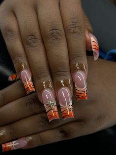 Orange nails zebra nails french tip airbrush nails #orangenails #zebranails #zebraprint #frenchtipnails #airbrush #nails #acrylicnails #nails Zebra French Tip Nails Almond, Aura Nails With French Tips, Short Orange French Tip Nails, Short Airbrush Nails, Zebra French Tip, African Nails, Short Nails Airbrush, Brown And Orange Nails, Tiger French Tip Nails