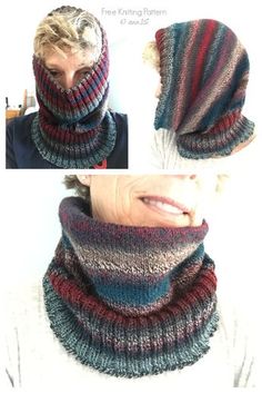 two pictures of a woman wearing a knitted scarf and neckwarf with the same pattern