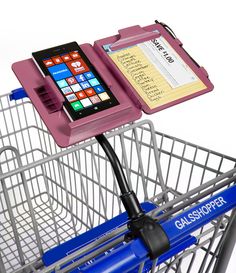 a shopping cart with a cell phone in it