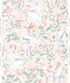 a pink wallpaper with birds and flowers on the bottom half of it, in front of a white background