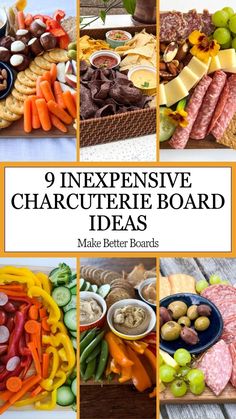 an assortment of different types of cheese and meats on a table with the title 9 expensive charcuterie board ideas