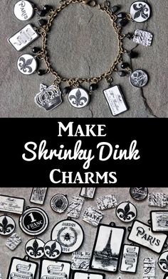 the words make shrinky drink charms are shown in black and white on a gray background