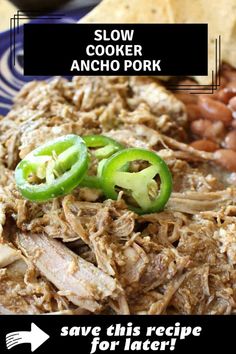 slow cooker ranch pork is served with beans and jalapenos on the side