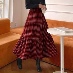 Lasaky - Vintage Checkered High-Waisted Midi Skirt with Pleated Flare Design Long Skirt Casual, Floral Print Midi Skirt, Umbrella Skirt, Tiered Skirts, Estilo Preppy, Vintage Flare, Skirts Midi High Waisted, Langer Rock, Half Skirt