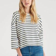 Crewneck Striped Tee In A Billowy Silhouette Provides A Casual, Yet Modern Style. Designed With Dropped Shoulders And Ruched Sleeves For A Fresh Alternative To A Sweater. Striped Tshirt, Style Inspiration Boho, Fashion Accessories Photography, Ruched Sleeve, Boy Tees, Girls Tees, Navy Stripes, Striped Tee, Fashion Sewing