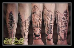 tattoos on the legs of people with mountains and trees in them, including an elk