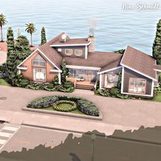 this is an artist's rendering of a house on the water with trees and bushes around it