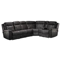 a gray leather sectional sofa with reclinings on the back and armrests