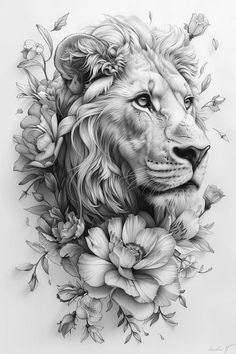 a black and white drawing of a lion with flowers around it's neck,