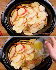 two pictures showing how to cook apples in an air fryer and then put them in the slow cooker