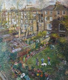 an image of a painting of people in the yard with trees and buildings behind them