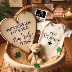 a teddy bear sitting in a basket next to two baby ones that have been placed on them