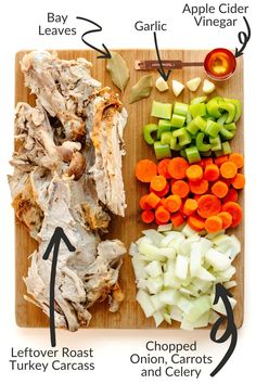 a cutting board with chopped vegetables and meat on it that includes carrots, celery, apple cider, garlic, lettuce