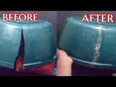 the before and after pictures of a green plastic trash can that has been turned blue