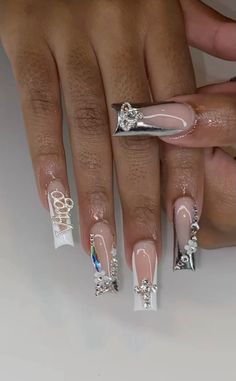 Graduation Nails Acrylic Long, Silver Rhinestone Nails, Glam Nails Rhinestones, Silver Birthday Nails, Virgo Nails Acrylic, Virgo Nails Designs, Silver French Tip, Virgo Nails, Matching Nails