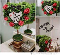 a collage of photos with roses in the shape of a heart and playing cards