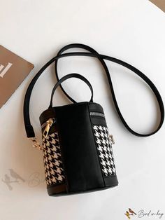 Bird in Bag - Black Elegant Houndstooth Bucket Bag with Top Handle Fall Black Shoulder Bag With Houndstooth Pattern, Black Houndstooth Shoulder Bag For Everyday Use, Black Houndstooth Shoulder Bag For Travel, Black Houndstooth Bags For Fall, Black Houndstooth Pattern Bag For Fall, Black Houndstooth Bag For Everyday Use, Black Houndstooth Pattern Bag For Everyday Use, Black Rectangular Bag With Houndstooth Pattern, Chic Black Bag With Houndstooth Pattern