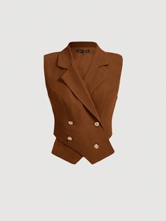 Women's Solid Color Double Breasted Sleeveless Blazer Brown Elegant  Sleeveless Woven Fabric Plain vest Non-Stretch  Women Clothing, size features are:Bust: ,Length: ,Sleeve Length: Plain Vest, Sleeveless Blazer, Sleeveless Suit, Lightweight Blazer, Blazers For Women, Suits For Women, All Fashion, Women Clothing, Women Clothes Sale