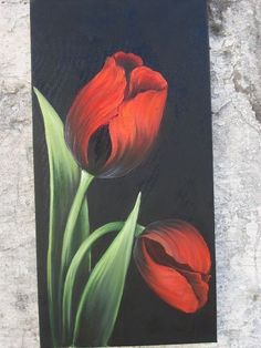 a painting of two red tulips on a black and gray background with green leaves