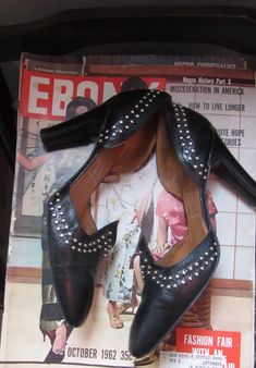 "Vintage 1960s Ferragamo d'orsay pumps black leather with silver metal studs widows peak vamp almond toe high heel ○ Circa: 1960s ○ Label: Rosina Ferragamo Schiavone ○ Color: Black & Silver ○ Excellent Condition! Shoes have been worn but are in amazing shape! Modern Size Estimate: US 6.5 * EU 37 * UK 4 * AU 5 ○ insole: 9.5\" ○ ball: 2.75\" ○ volume: 8\" ○ heel height: 3.5\" ❊ Marked a size 6½...please see modern equivalent above. 👆🏽 ❉ this is a vintage item and there is ONLY one! Item no. Widows Peak, Widow's Peak, Womens Pumps, Designer Pumps, Italian Designer, Suede Heels, Black Pumps, Vintage 1960s, Italian Design