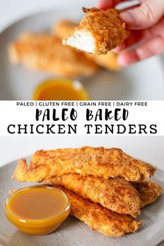 fried chicken tenders on a plate with dipping sauce in the background and text overlay