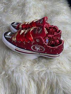 49ers Outfit, Bedazzled Shoes Diy, Bling Sneakers, 49ers Shirts, Bedazzled Shoes, Pretty Sneakers, Surprise Az, Nike Fashion Shoes, Bling Shoes