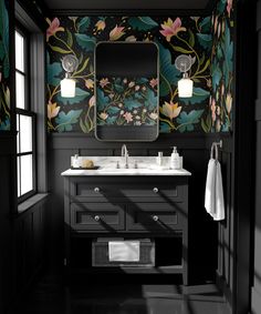 a black and white bathroom with floral wallpaper on the walls, two sinks and a large mirror