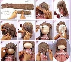 the instructions for making a doll's hair with long bangs and braids on her head