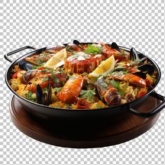 a large pan filled with seafood and rice on top of a wooden table png clipart