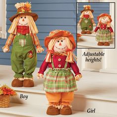 two scarecrows dressed in green and orange outfits, one with an orange hat