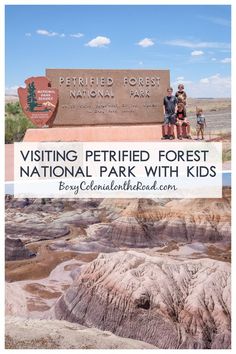 people standing at the entrance to petrified forest national park with text overlay that reads visiting petrified forest national park with kids