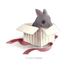 an animal is sitting in a box with a red ribbon around it