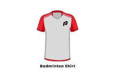 a white and red shirt with the word badminton on it