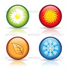 four different colored buttons with snowflakes and leaves on them - web elements objects