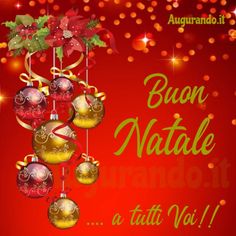 a red christmas card with ornaments hanging from it's sides and the words buon natale giano