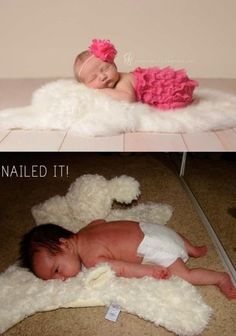 two pictures of a baby laying on top of a fluffy white blanket and another photo of a sleeping baby