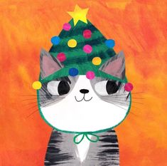 a painting of a cat with a christmas tree on it's head, wearing a green hat