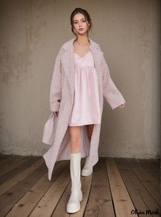 Olivia Mark - Timeless Elegance Long Overcoat with Notched Lapels and Buttons Pink Outerwear For Daywear In Fall, Feminine Long Sleeve Winter Outerwear, Feminine Spring Outerwear For Daywear, Oversized Pink Outerwear For Daywear, Pink Oversized Outerwear For Daywear, Long Overcoat, Long Coat, Dusty Pink, Timeless Elegance