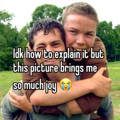 two young men hugging each other with the caption i dk how to explain it but this picture brings me so much joy