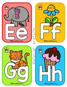 four square magnets with different pictures of animals and letters