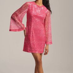 Bright Pink Sequin Dress. Knee Length. Crochet-Like Over Lay With Sold Pink Slip Connected. Bell-Sleeve. Button Closure In The Back. Never Worn. From Anthropology Pink Bell Sleeve Dress, Spring Party Mini Dress With Sleeves, Pink Shift Dress With Long Sleeves, Long Sleeve Sequin Dresses For Spring, Bell Sleeve Mini Dress For Cocktail, Spring Mini Dress With Sleeves, Spring Knee-length Mini Dress With Sleeves, Long Sleeve Shift Mini Dress, Glamorous Long Sleeve Dress For Dress Down Occasions