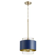 a blue and gold chandelier hanging from a ceiling fixture with a white background