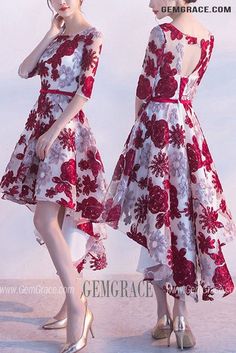 10% off now|Free shipping world-wide. Burgundy Flowers High Low Homecoming Dress With Sleeves at GemGrace. Click to learn our pro custom-made service for wedding dress, formal dress. View #HomecomingDresses for more ideas. Party Dress With Floral Print And High-low Hem, Spring Prom High Low Dress, Spring Prom High-low Dress, Spring Burgundy Dresses For Weddings, Homecoming Dress With Sleeves, Hoco Party, Party Dress With Sleeves, Party Dresses With Sleeves, Short Formal Dress